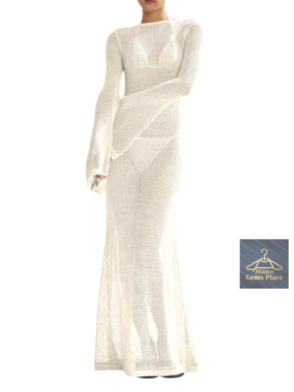 Crochet Knit Mesh Backless Long Sleeve Maxi Beach Swimsuit Coverup Dress